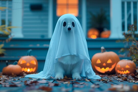 Adorable dog dressed as a ghost among jack-o'-lanterns on a halloween evening, copy space for text
