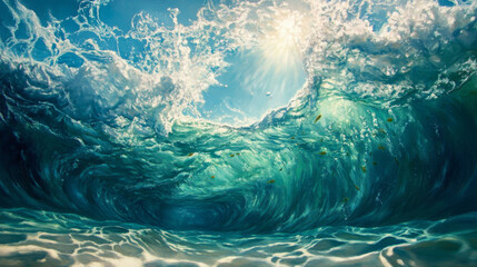 Fototapeta premium Show an underwater view of waves, with light filtering through the water, marine life swimming below, and the undulating surface seen from beneath, offering a unique perspective. 