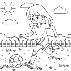The girl is playing football cartoon outline on the stadium. Soccer Coloring Page