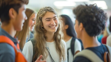 Obraz premium First year students engaging in ice-breakers and getting to know each other in school --ar 16:9 --v 6 Job ID: 72734d32-558d-4596-84c0-b4c01595eb9e