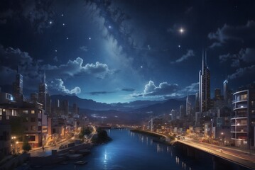 Fototapeta premium 3d illustration of night city with a bright lights and stars on sky.