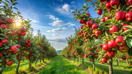 Apple orchard with red ripe apples on branches.Two rows of apple trees full of fruit seen under a blue sky nearly ready for picking.Apple orchard.Morning shot. generative ai