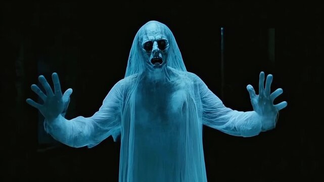 A ghostly figure in a white dress stands in dark room