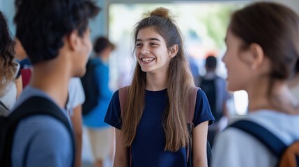 Obraz premium First year students engaging in ice-breakers and getting to know each other in school --ar 16:9 --v 6.1 Job ID: 15c62ca1-1429-432a-9b6d-480297598a1f