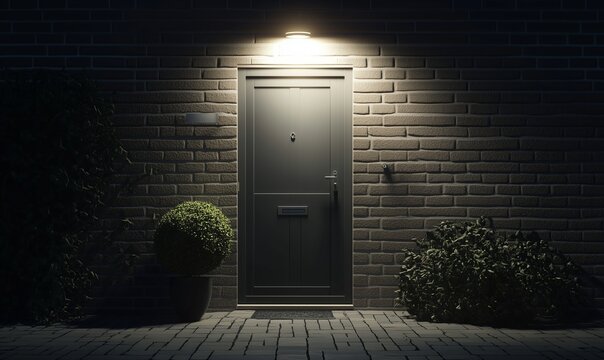 Un ingresso moderno in legno chiaro con illuminazione calda e piante decorative, che crea un'atmosfera accogliente e raffinata.