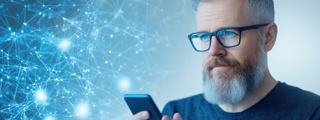 Success, Networker using a smartphone, managing successful connections, in a high-tech office, confident and poised