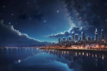Fototapeta premium 3d illustration of night city with a bright lights and stars on sky.