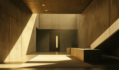 Un ingresso moderno cemento grigio con  illuminazione calda e piante decorative, che crea un'atmosfera accogliente e raffinata.