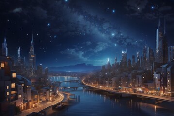Fototapeta premium 3d illustration of night city with a bright lights and stars on sky.