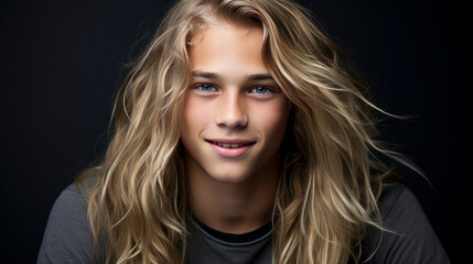 Fototapeta premium Portrait of a happy smiling blond, long haired confident teenage guy with perfect skin, gray background, banner.