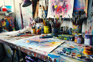 Obraz premium Creative workspace with vibrant paintings, brushes, and colorful art supplies on a busy artist's desk