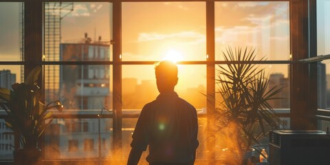 Man disinfecting office space and windows before beginning work during the coronavirus pandemic