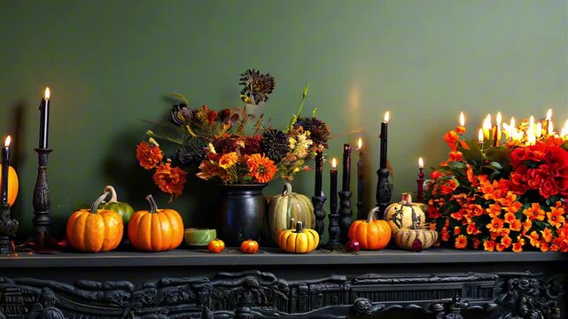A mantle is decorated with pumpkins, flowers, and candles for Halloween or Thanksgiving
