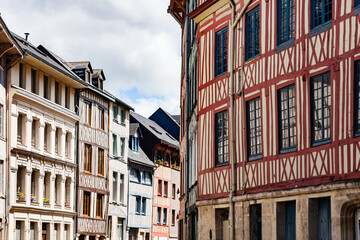 Rouen, Normandy, France, Eau de Robec street, traditional colorful half-timbered houses and narrow streets