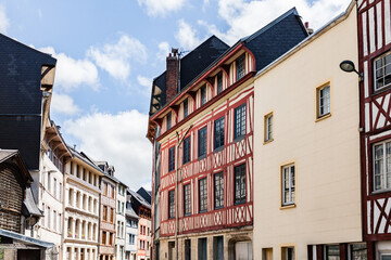 Obraz premium Rouen, Normandy, France, Eau de Robec street, traditional colorful half-timbered houses and narrow streets