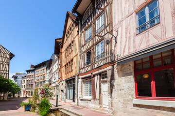 Rouen, Normandy, France, Eau de Robec street, traditional colorful half-timbered houses and narrow streets