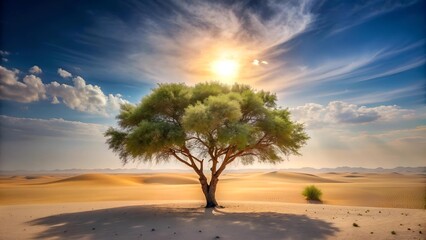 Obraz premium Sun-Bleached Serenity: A Withered Tree in a Zen Desert Oasis AI generated
