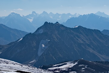 Russia. Kabardino-Balkaria. A dizzying view of the mountain peaks of the Caucasus around Mount...