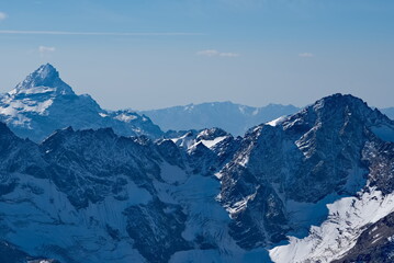 Russia. Kabardino-Balkaria. A dizzying view of the mountain peaks of the Caucasus around Mount...