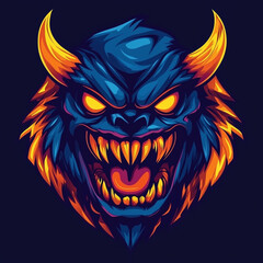 Furious angry monster head mascot logo for esport gaming tournament with horn and sharp teeth isolated on color background