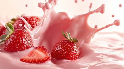 Strawberry Milk Splash with Fresh Strawberries: Capture a splash of strawberry milk colliding with fresh strawberries. 