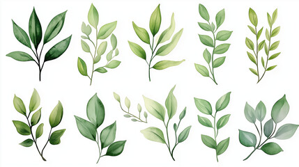 Naklejka premium Watercolor green leaves on a transparent background, hand drawn watercolor illustration 