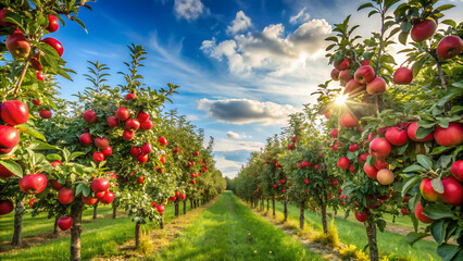 Apple orchard with red ripe apples on branches.Two rows of apple trees full of fruit seen under a blue sky nearly ready for picking.Apple orchard.Morning shot. generative ai