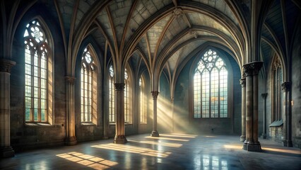 Whispers of Time: An Eerie Gothic Chapel Interior with Soaring Windows  Generative AI