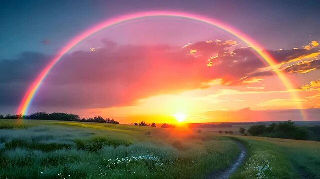 Animation of mountains with colorful rainbow in cloudy sky over field. Nature landscape after storm. Spring morning. St Patrick Day holiday symbol