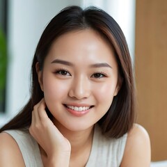 Naklejka premium Portrait of young beautiful asian woman relax at home in spring or summer. Smile happy asian girl with perfect clear glow skin face. Asia lifestyle people education beauty girl next door concept.