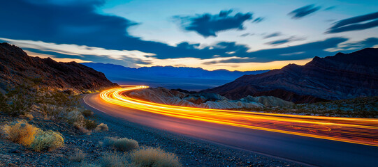 Long exposure photo of car light trails on highway road in Death Valley National Park at sunset, with rocky mountains and desert landscape. Concept for nature travel and outdoor adventure holiday jour