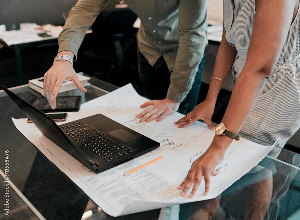 Poster blueprint, laptop and hands of business people for architecture, project management and collaboratio