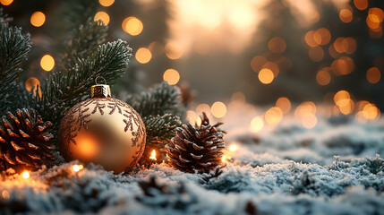 Wide panoramic Xmas décor background banner, decorated gold Christmas balls hanging on a Christmas tree