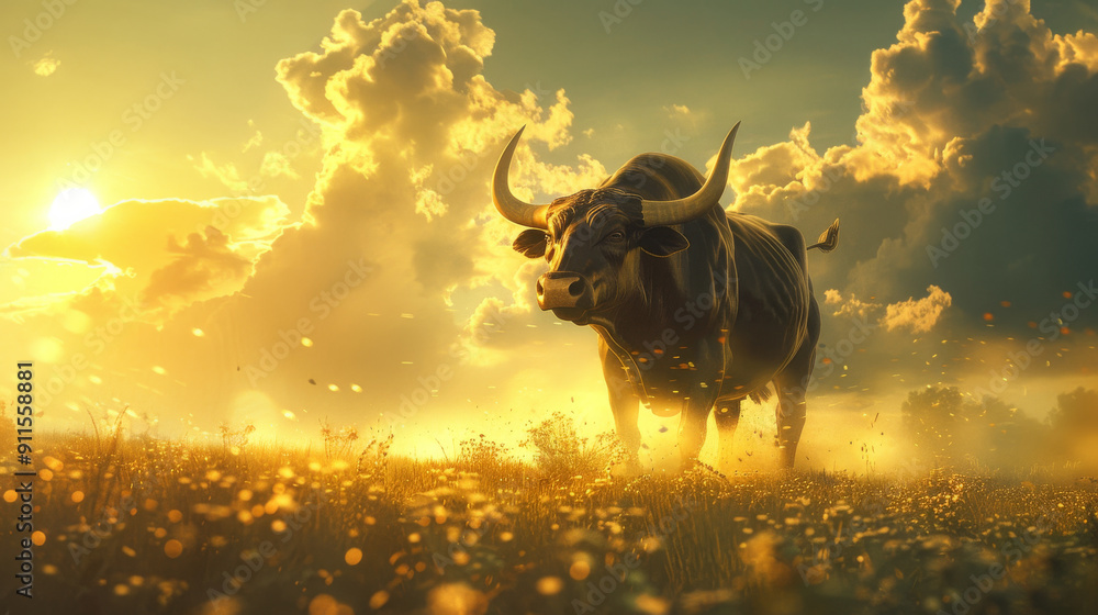 Poster a bull is running through a field with the sun shining on it