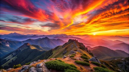 A Symphony of Sunset Hues Over a Serene Mountain Range  AI Generated