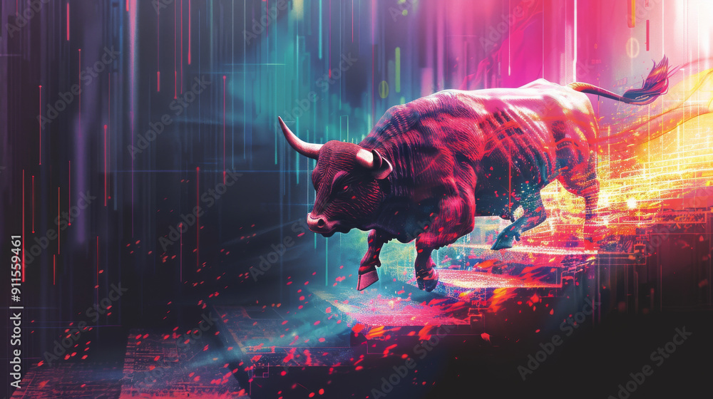 Poster a bull is running down a staircase with a colorful background