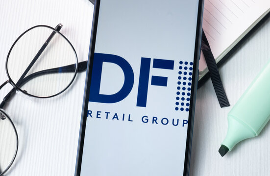 New York, USA - 1 August 2024: DFI Retail Group Logo on Phone Screen, Company Icon on Display