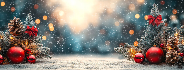 Wide panoramic Xmas décor background banner, gold and red color Christmas balls, pine christmas tree branches and snow 