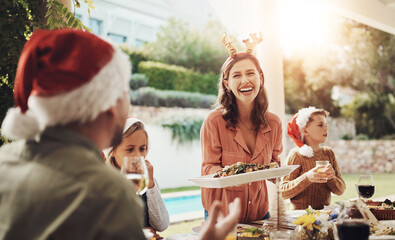 Christmas lunch, family and happy with food, event and social gathering with smile. Home, people...