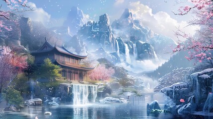 Obraz premium ancient Chinese style, scenery, no people, architecture, sky, night, stars, Mountains, ancient Chinese architecture, 
