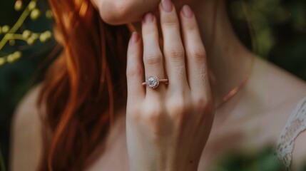 Close-up of a woman showcasing an elegant diamond engagement ring on her finger, with a blurred green background.