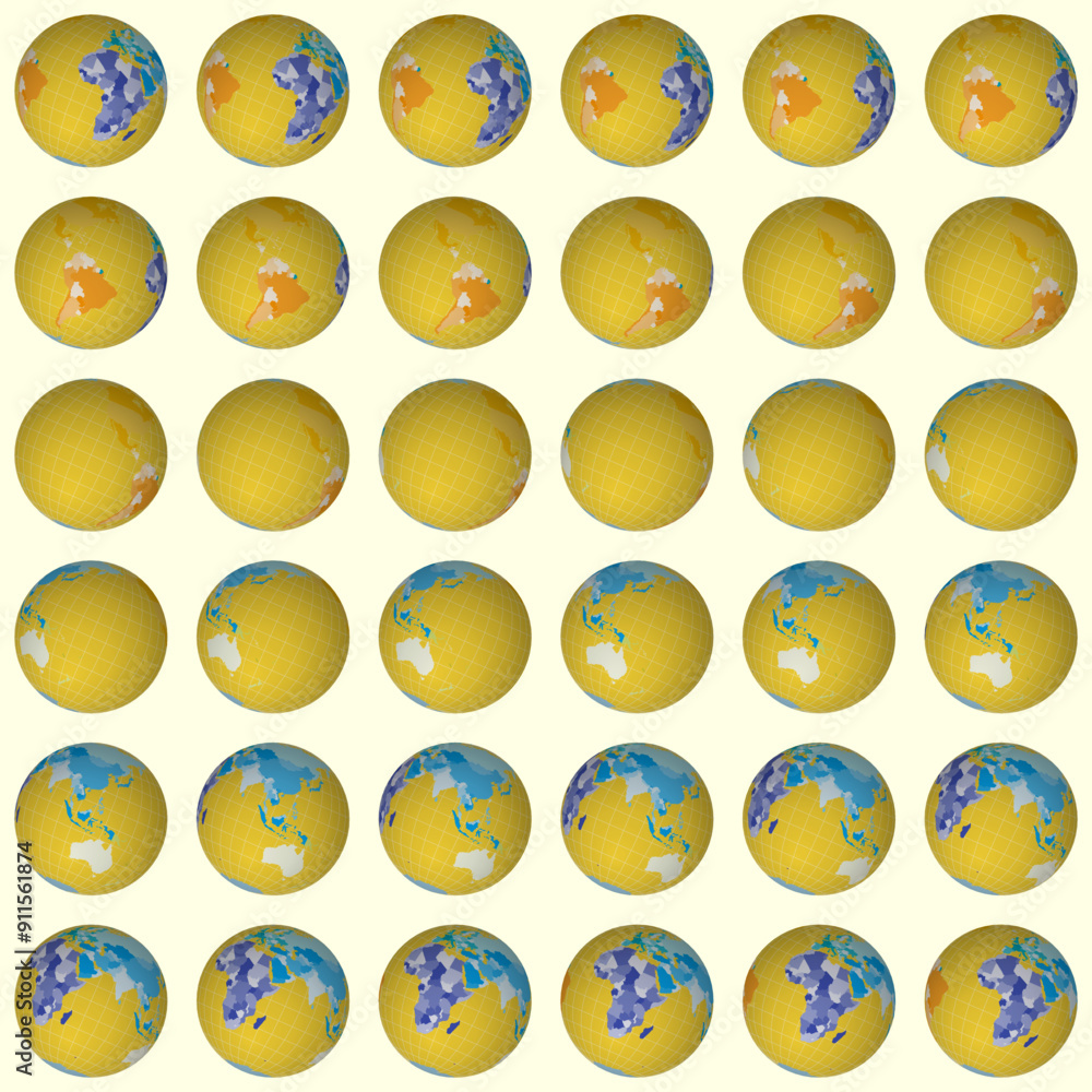 Poster collection of globes. tilted sphere view. rotation step 10 degrees. colored countries style. world m