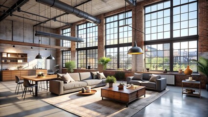 A Modern Studio Space With Exposed Brick and Concrete Walls, High Ceilings, and Sleek Minimalist Furnishings  AI Generated