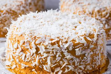 A white plate with a cake and coconuts. Sweet fresh breakfast concept. A large cake with coconuts on it. A large plate of cake with white frosting lifestyle and coconuts.