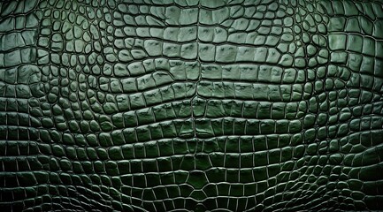 Close up of textures and patterns on dark green leather, crocodile skin, with unique scales and intricate details.