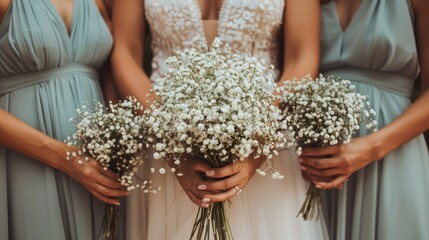 Elegant bridal party holding white baby's breath bouquets, showcasing romantic wedding ambiance with graceful bridesmaid dresses.