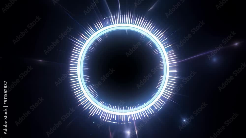 Poster animation of empty round hologram frame with light effect on black background. technology glowing hu