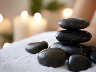 A serene arrangement of smooth black stones stacked on white towels, ideal for wellness and relaxation themes.