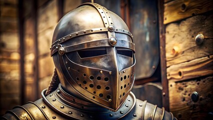 Fototapeta premium A Detailed Examination of a Medieval Knight's Helmet AI Generated