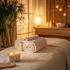 Tranquil spa setting with soft lighting, rolled towels, and candles, creating a serene atmosphere for relaxation and rejuvenation.